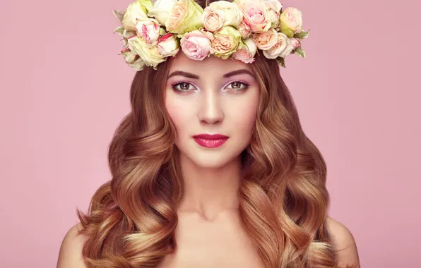 Look, girl, flowers, portrait, makeup, beautiful, wreath, curls