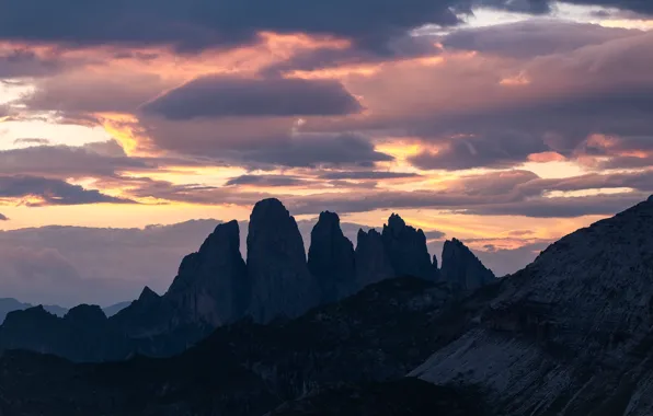 The sky, clouds, sunset, mountains, nature, rocks, Dolomites, The Dolomites
