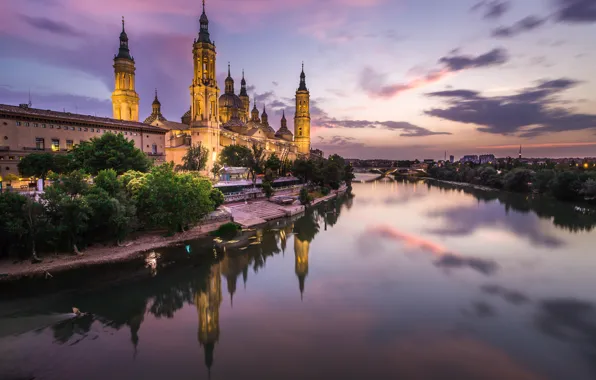 Night, river, Cathedral, Spain, Zaragoza
