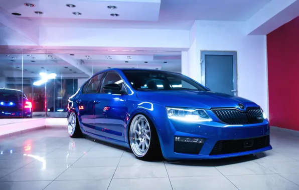 Blue, Front, Stance, Wheels, Skoda, Octavia, Skoda Octavia