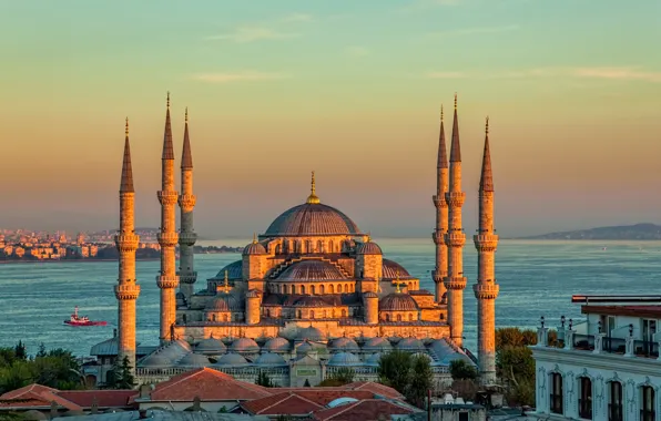 Landscape, sunset, Strait, tower, temple, Istanbul, Turkey, Palace