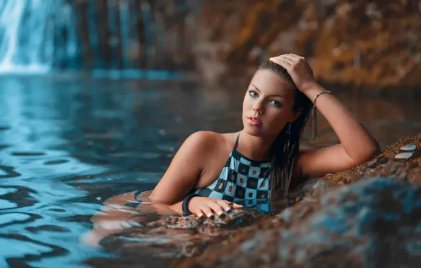 Picture swimsuit, water, girl, decoration, stones, waterfall, wet, makeup