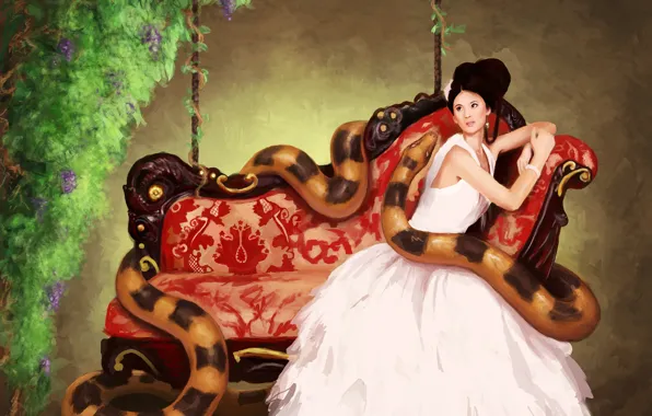 Girl, flowers, sofa, snake, dress, art, sanguisgelidus