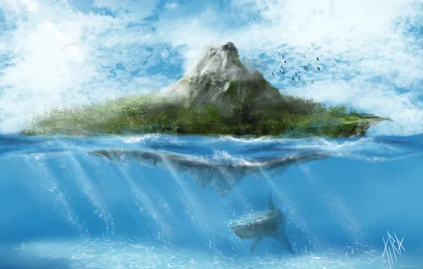 Sea, water, clouds, birds, fiction, island, mountain, fish