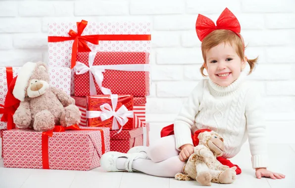 Joy, holiday, new year, girl, gifts, bow, box