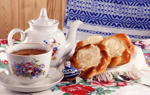 Picture photo, tea, spoon, mug, napkin, teapot, tumbler, with cottage cheese