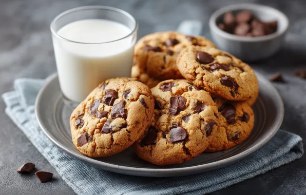 Table, Breakfast, milk, cookies, plate, bowl, napkin, cookies