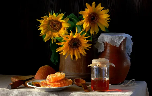 Sunflowers, flowers, table, bouquet, cell, plate, bread, spoon