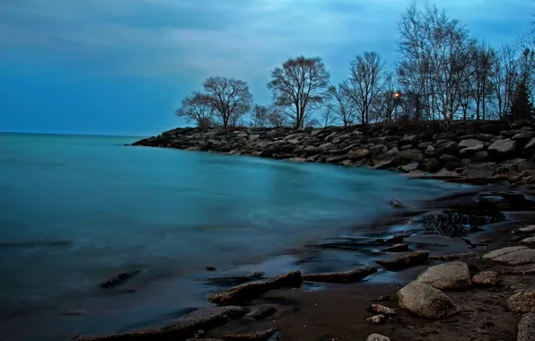 Picture sea, the sky, clouds, trees, stones, the evening