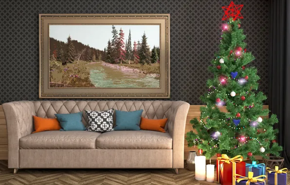Sofa, tree, interior, picture, candles, gifts, New year, Christmas