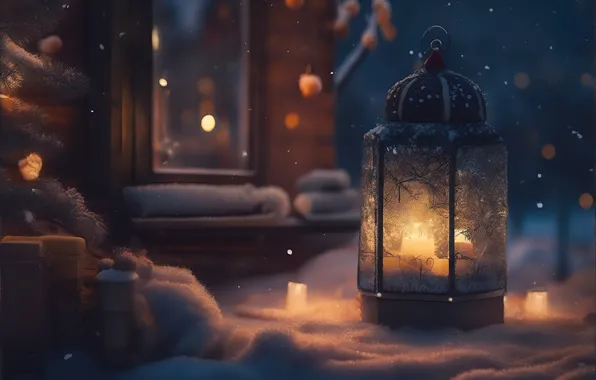 Winter, light, snow, night, Christmas, flashlight, lantern, New year