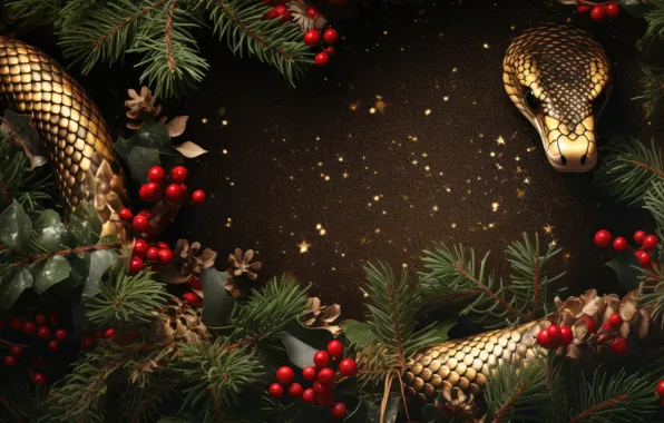Look, face, leaves, branches, berries, the dark background, Shine, snake