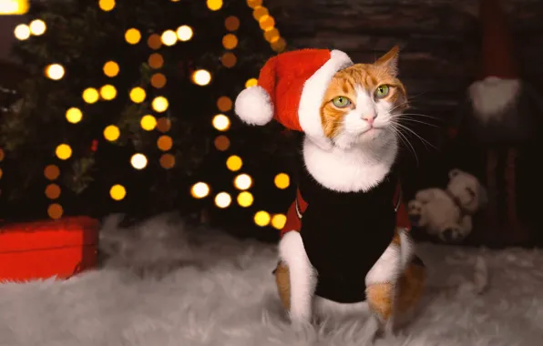 Cat, cat, look, pose, Christmas, New year, tree, face