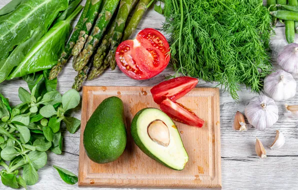 Greens, dill, Board, vegetables, tomatoes, salad, avocado
