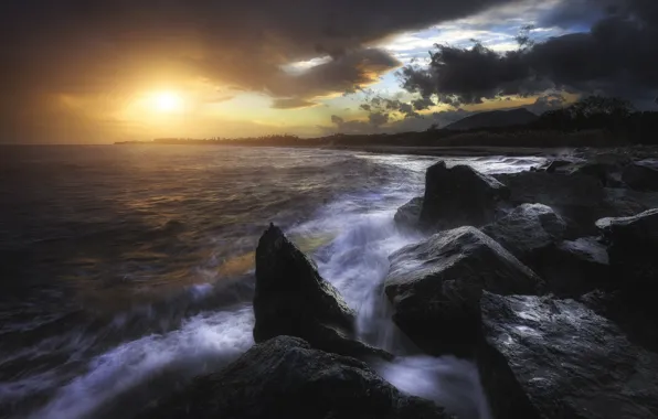 Picture wave, landscape, sunset, nature, stones, coast, beauty