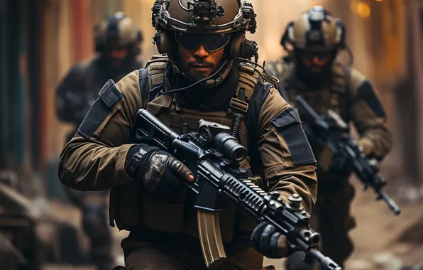 Glasses, Soldiers, Men, Front, Digital art, Equipment, Machines, AI art