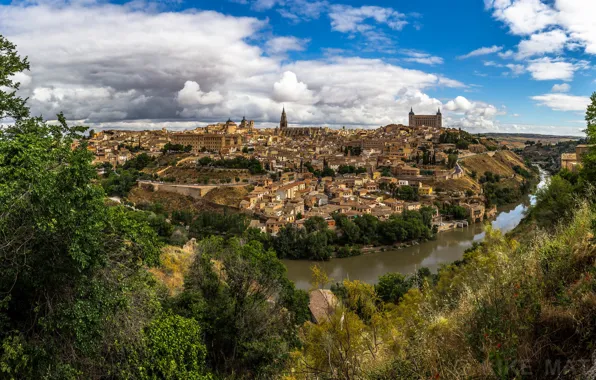 Picture trees, river, home, panorama, Spain, Toledo, Spain, Toledo