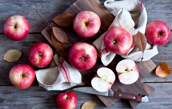 Autumn, leaves, apples, knife, Board, fruit