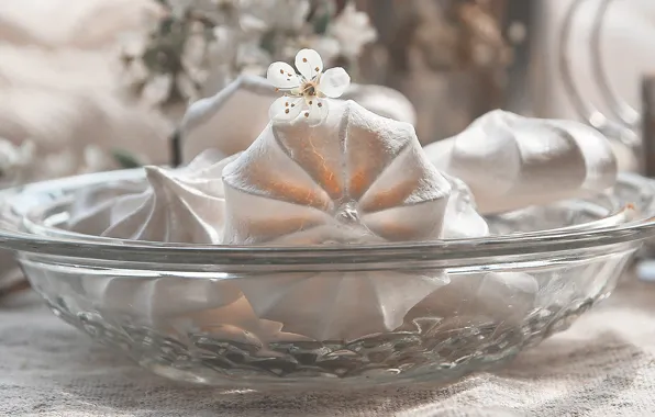 Glass, light, flowers, spring, bowl, dessert, bokeh, marshmallows