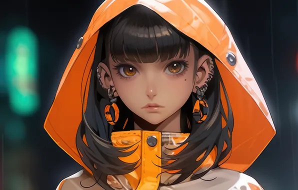 Look, portrait, earrings, anime, hood, cutie, bokeh, anime girls