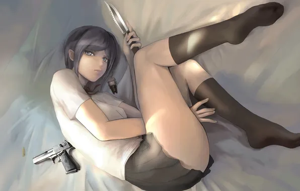 Girl, gun, weapons, art, knife, lying, nyarko