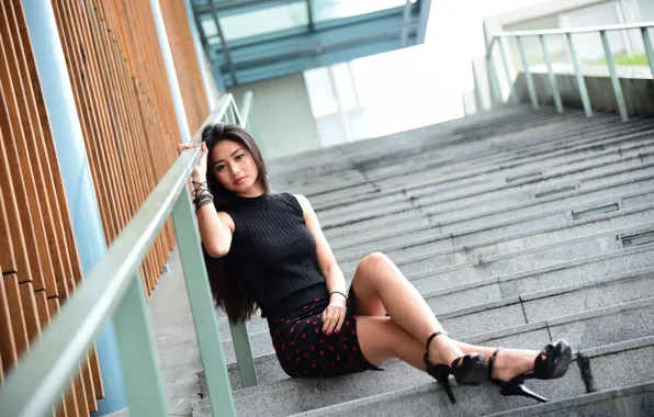 Look, girl, face, steps, legs, sitting, cutie