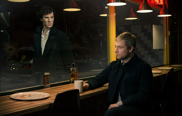 Machine, table, lamp, chairs, window, actors, Sherlock Holmes, men