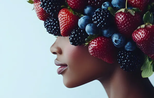 Girl, berries, blueberries, strawberry, BlackBerry, black, AI art, neural network