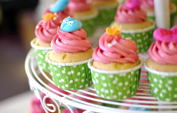 Plate, hearts, decoration, cream, cupcakes