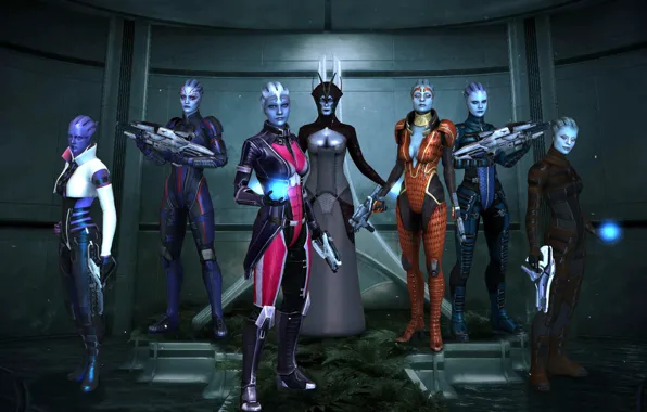 Picture pose, rendering, weapons, girls, Mass Effect, costumes, Azari, biotics