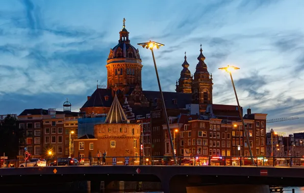 The sky, bridge, lights, river, building, home, the evening, Amsterdam