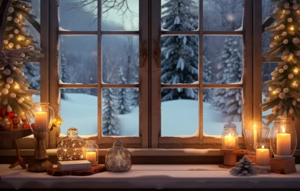 Winter, forest, glass, balls, snow, nature, room, interior