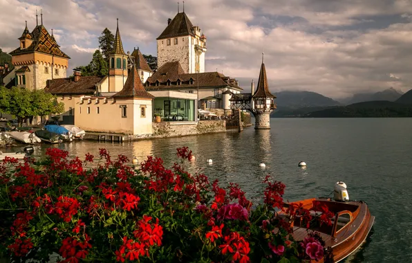 The sky, clouds, landscape, flowers, mountains, nature, comfort, castle