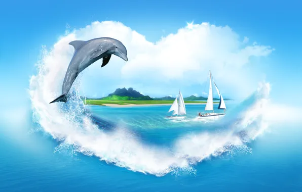 Picture sea, clouds, squirt, Dolphin, shore, heart, sailboats