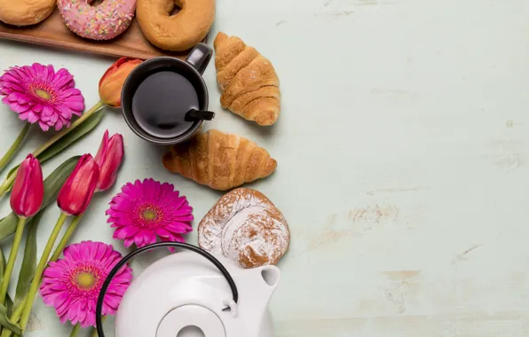 Flowers, Breakfast, tulips, donuts, gerbera, pink, flowers, tulips