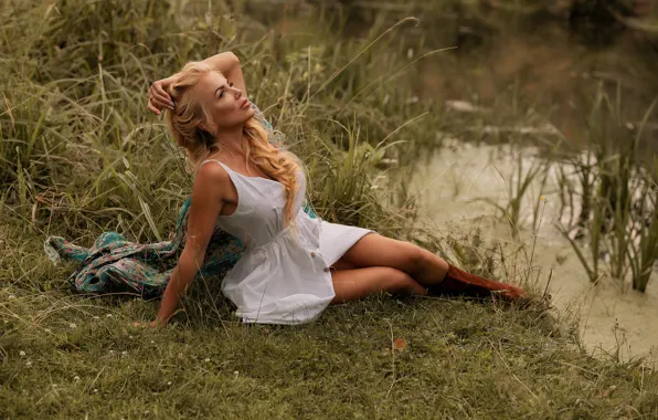 Grass, girl, pose, mood, pond, Alex Shaklein