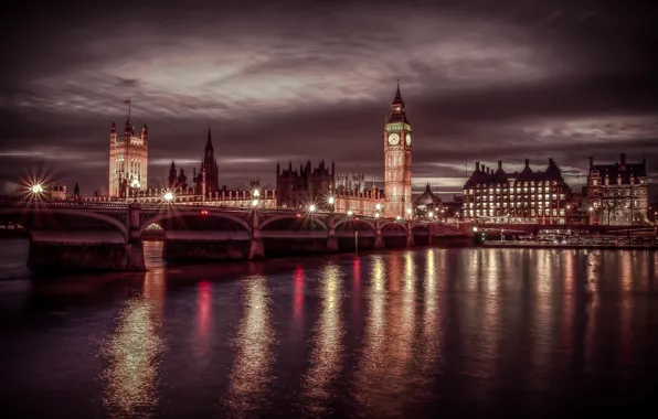 Night, lights, England, London