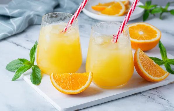 Ice, oranges, glasses, juice, cocktail, mint, orange