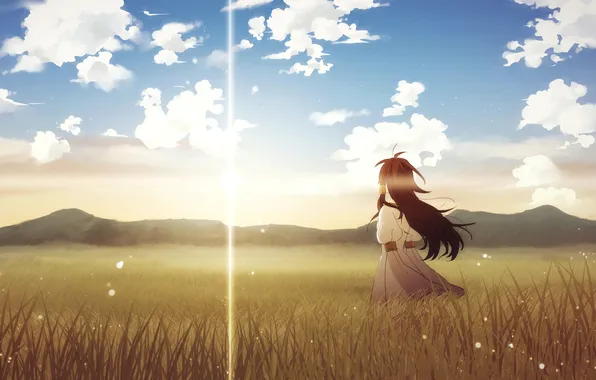 Field, the sky, girl, clouds, mountains