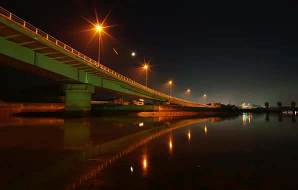 Water, night, bridge, lights, river
