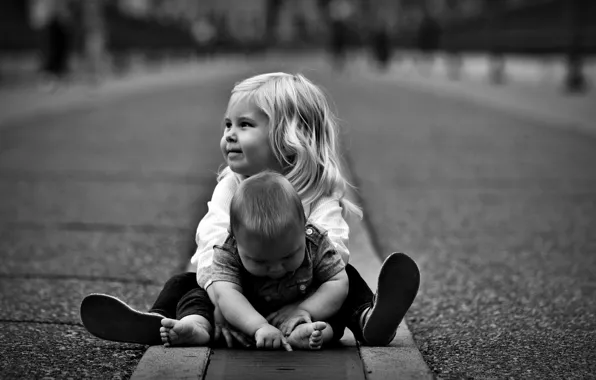 Road, boy, Children, girl, black and white