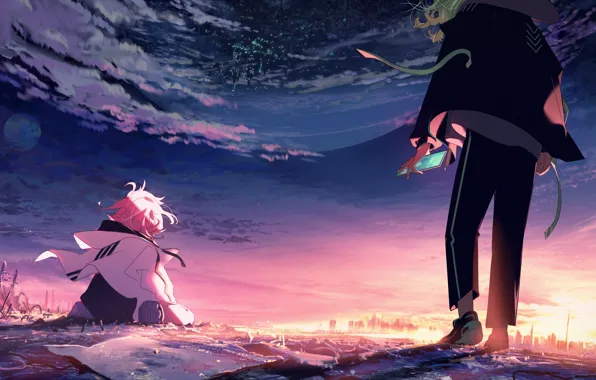 The sky, girl, the city, fiction, the moon, ruins, guy