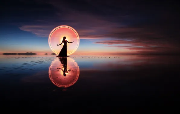 The sky, girl, light, landscape, night, clouds, nature, pose
