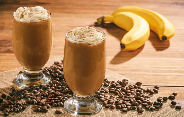 Food, glasses, banana, dessert, coffee beans, whipped cream