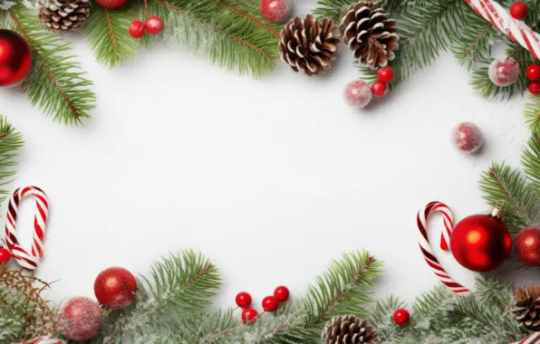 Balls, branches, Christmas, red, white background, New year, needles, bumps