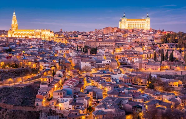 Night, castle, panorama, Cathedral, Spain, Toledo