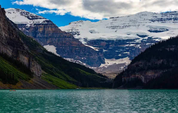 Picture forest, water, snow, landscape, mountains, nature, shore, boat