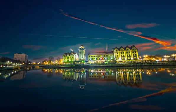 Picture the city, river, lighthouse, home, the evening, lighting, Kaliningrad, Nikolay Sizikov