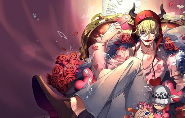 Gun, Joker, bouquet, guy, One Piece, hrushi