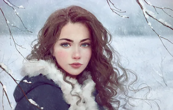 Picture girl, blue eyes, winter, snow, lips, face, painting, brunette